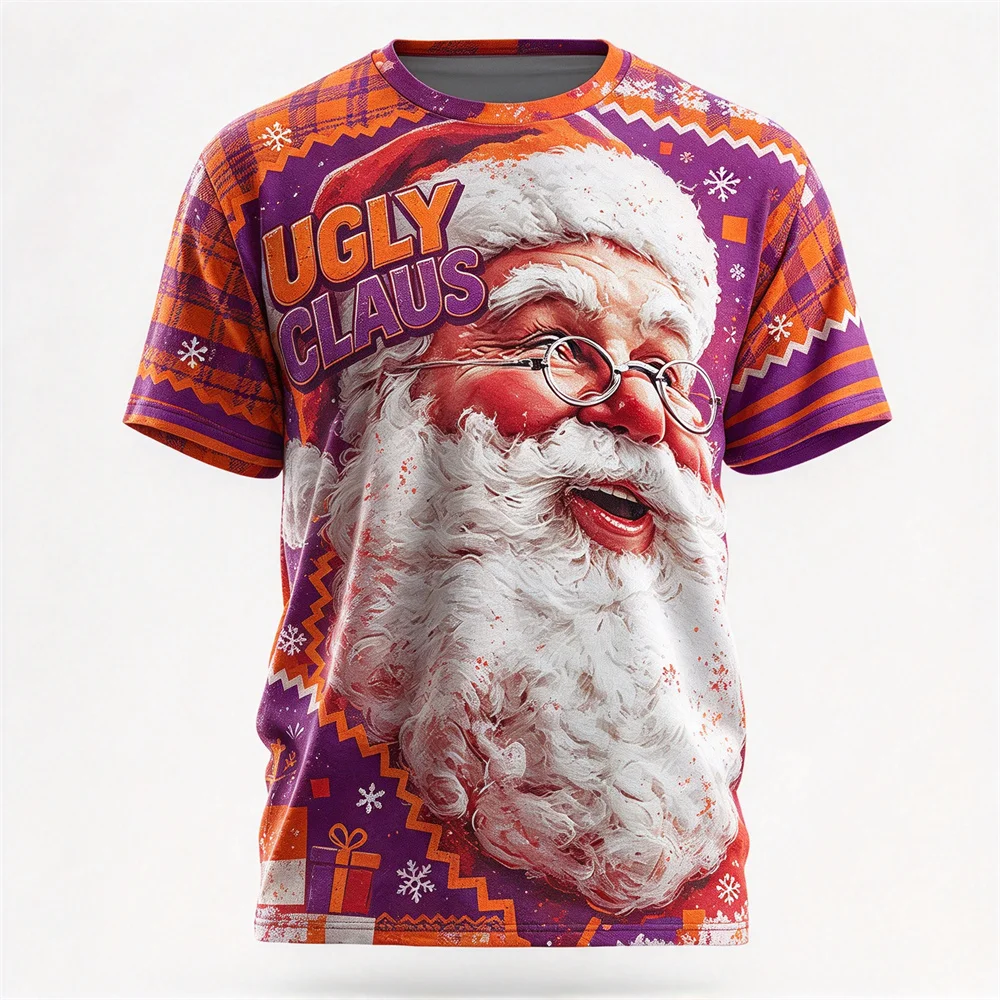 Men Vintage Santa Claus T Shirt 3D Print Short Sleeve Round Neck Tee Fashion Merry Christmas Party Tops Casual Xmas Gift Clothes