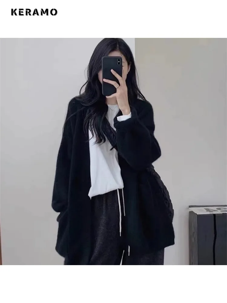 Casual Single Breasted Sweater Women Knitting Solid Oversized Jumpers Vintage Fashion Long Sleeve V-neck Loose Fit Cardigans