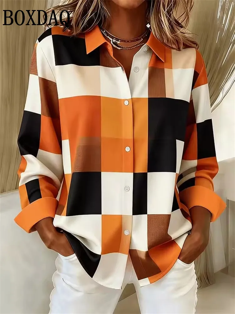 

Осенняя блузка, женская рабочая рубашка, элегантная модная клетчатая рубашка с длинным рукавом и воротником, обычный топ, вечерняя одежда, повседневная одежда