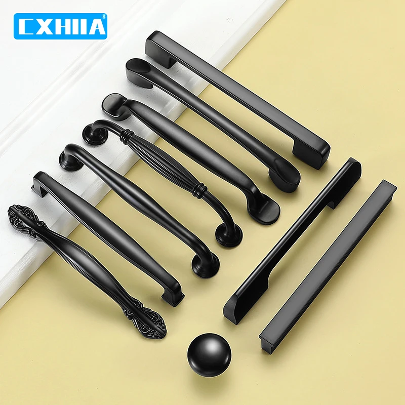 CXHIIA Black Handles For Furniture Cabinet Knobs And Wardrobe Drawer Cabinet Shoe Cabinet Modern Minimalist Hardware Handle