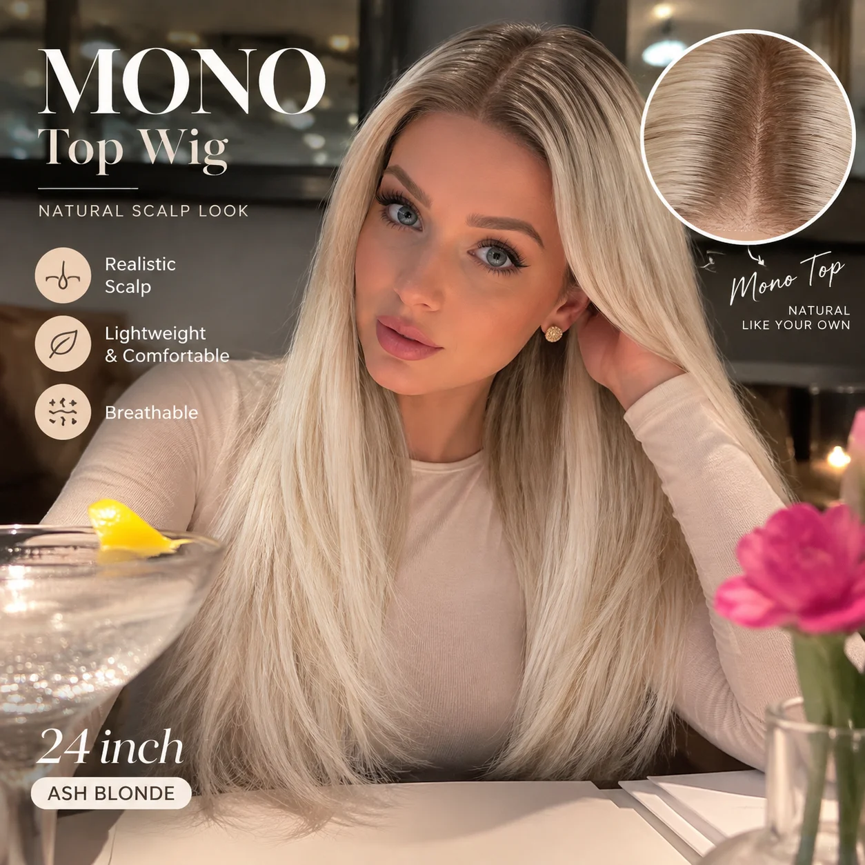 MONO Top Wig 24 Inch Futura Highlight Wig For Women Long Straight Synthetic Hair Hand Tied Lace Full Cap Natural Scalp