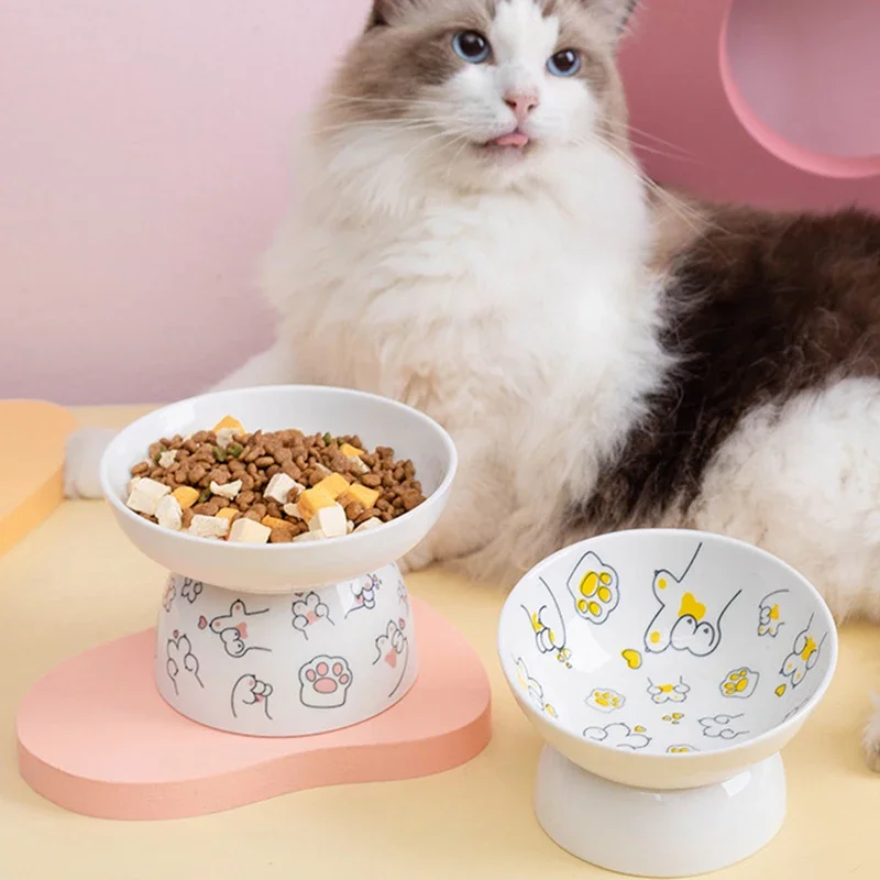 Cat Bowl Ceramic Pet Food Water Container Cat Food Protects Cervical Vertebra Oblique Opening Pet High Foot Bowl Cat Supplies