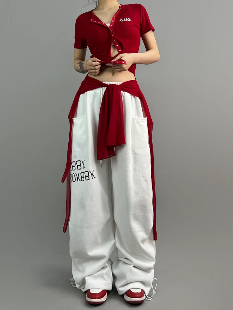 กางเกงขายาวสไตล์ฮิปฮอป ROKBBK-K สำหรับผู้หญิง เหมาะสำหรับเต้นและสวมใส่สบายๆ ผ้าคอตตอนผสม ทรงหลวม ขาตรง