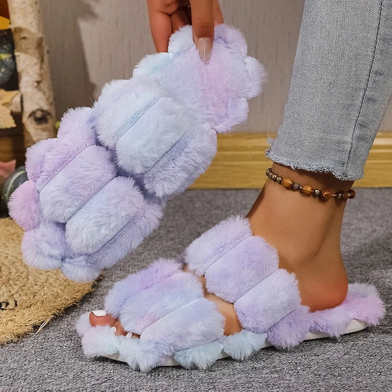 

Пушистые домашние тапочки на плоском каблуке, женские модные теплые плюшевые тапочки разных цветов, женские нескользящие хлопковые шлепанцы с открытым носком
