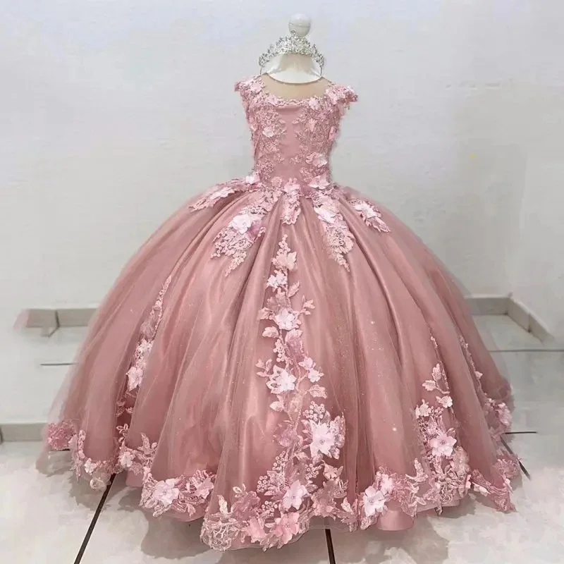 

Flower Girl Dresses Luxury Blush Pink Applique Beding Tulle Lace Puffy Princess Birthday Photos Shoot Kids Prom Gowns for Girls