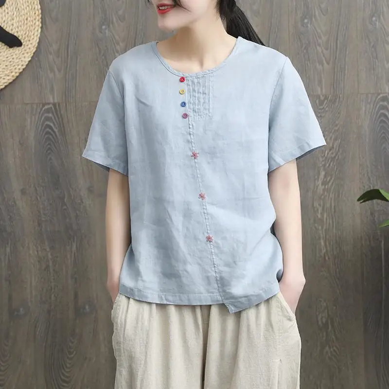 Cotton Linen Summer Blouses Woman Elegant Blouse Top Female Vintage Clothing Short sleeve Casual Tee Shirt Ladies 2023