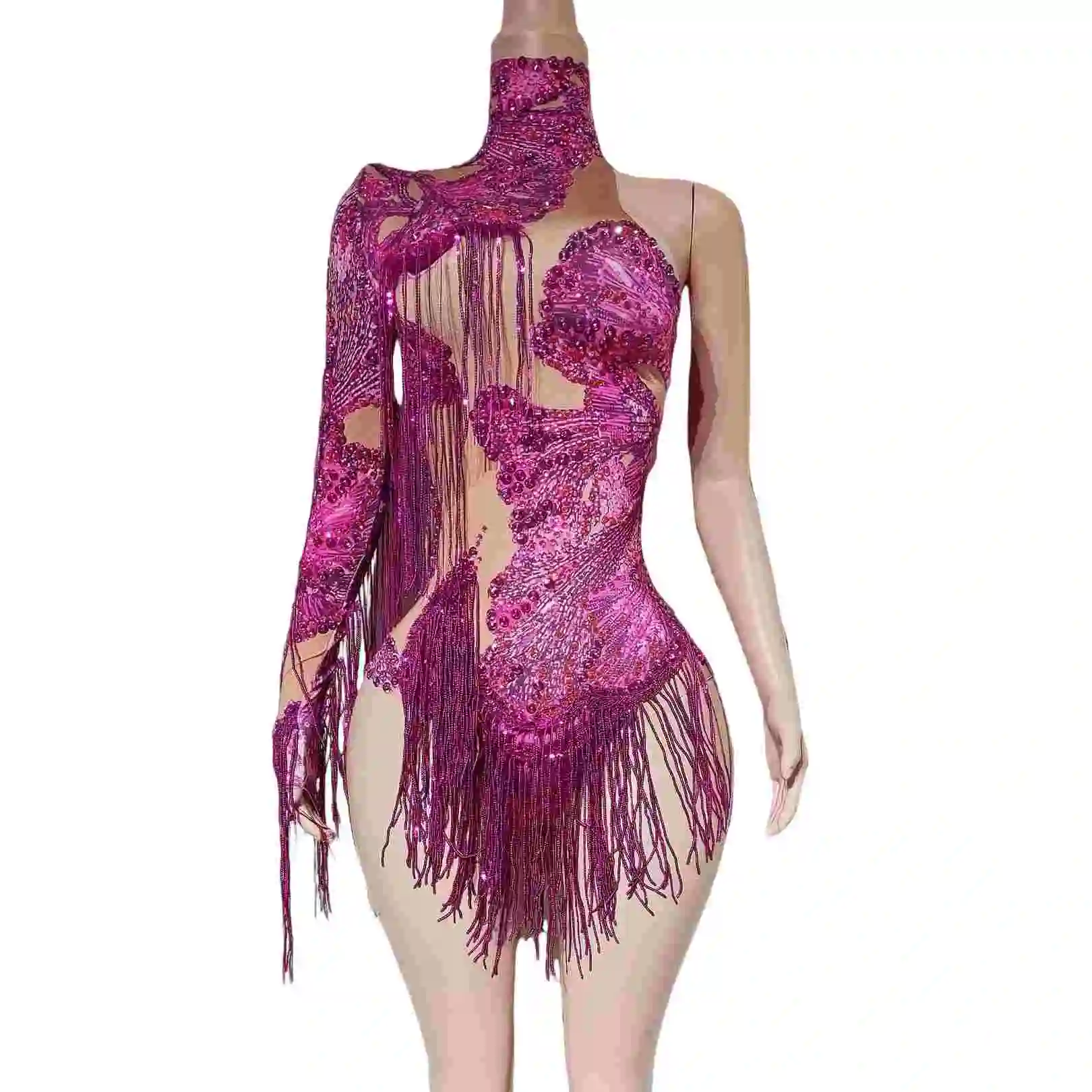 

Sparkly Rhinestone Sequins Tassel One Sleeve Bodysuit Women Dance Stage Performance gig Wear Bar Party Sexy Women Outfit duxiu