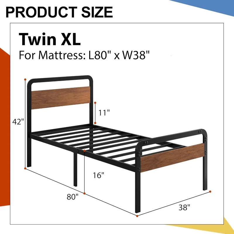 16 Inch Twin XL Bed Frames with Wooden Headboard and Footboard, Heavy Duty XL Twin Metal Bed Frame, No Box Spring Needed