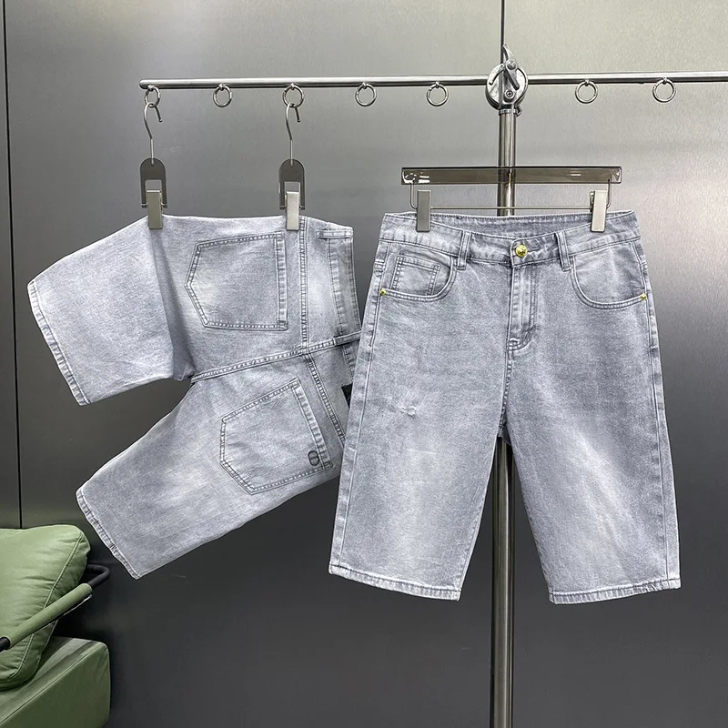 Pantalones cortos de mezclilla gris claro para hombre, Shorts elásticos finos de verano, transpirables, ajustados, informales, a la moda