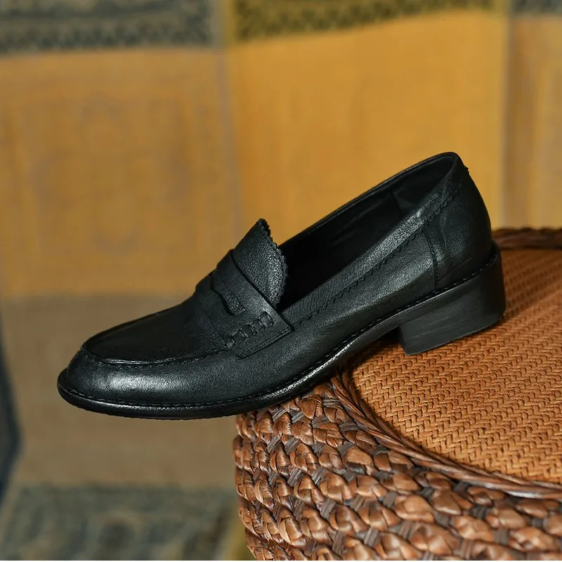 Women‘s Flats Cowhide Flat Shoes Vintage Casual Loafers Spring Autumn Slip On Women Simple Shoes Round Toe Daily Quality Flats