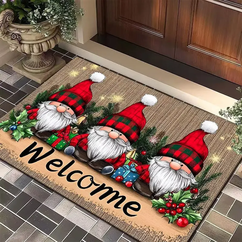 VIKAMA Christmas Gnome Tomte Welcome Holiday Doormat, Crystal Velvet Non Slip Absorbent Bath Mat, Soft Fluffy Washable Floor Mat