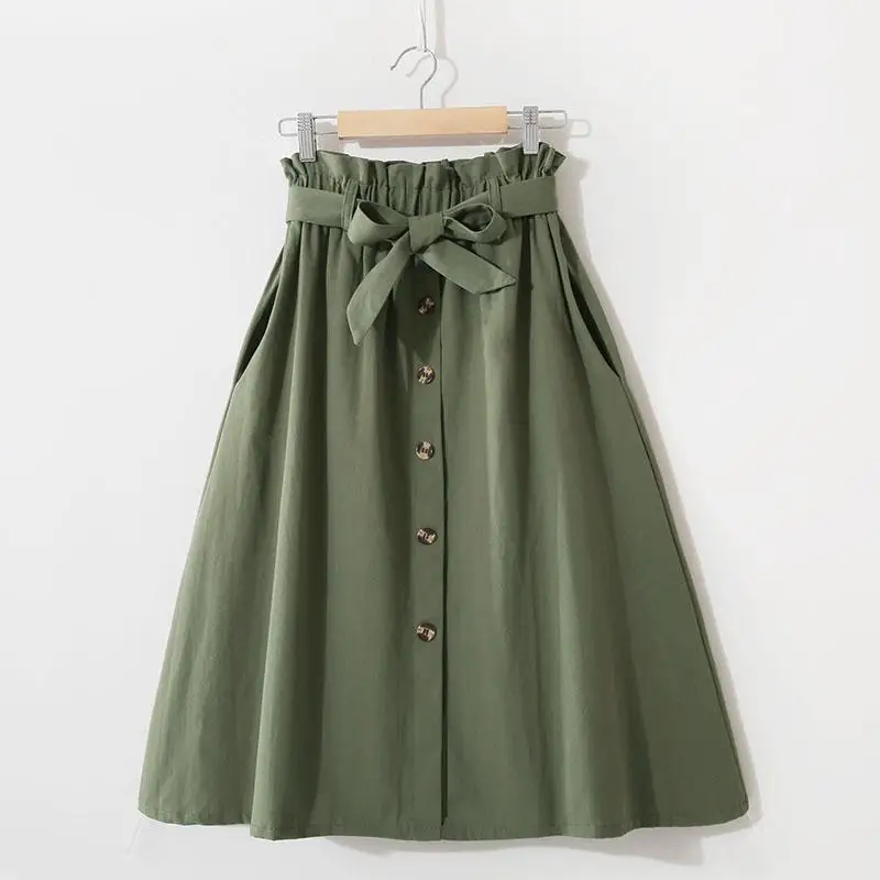 Korean Spring New Solid Women's Elastic Waist Pockets Bow Single Breasted Fashion Versatile High Wait Mid Length A-line Skirts