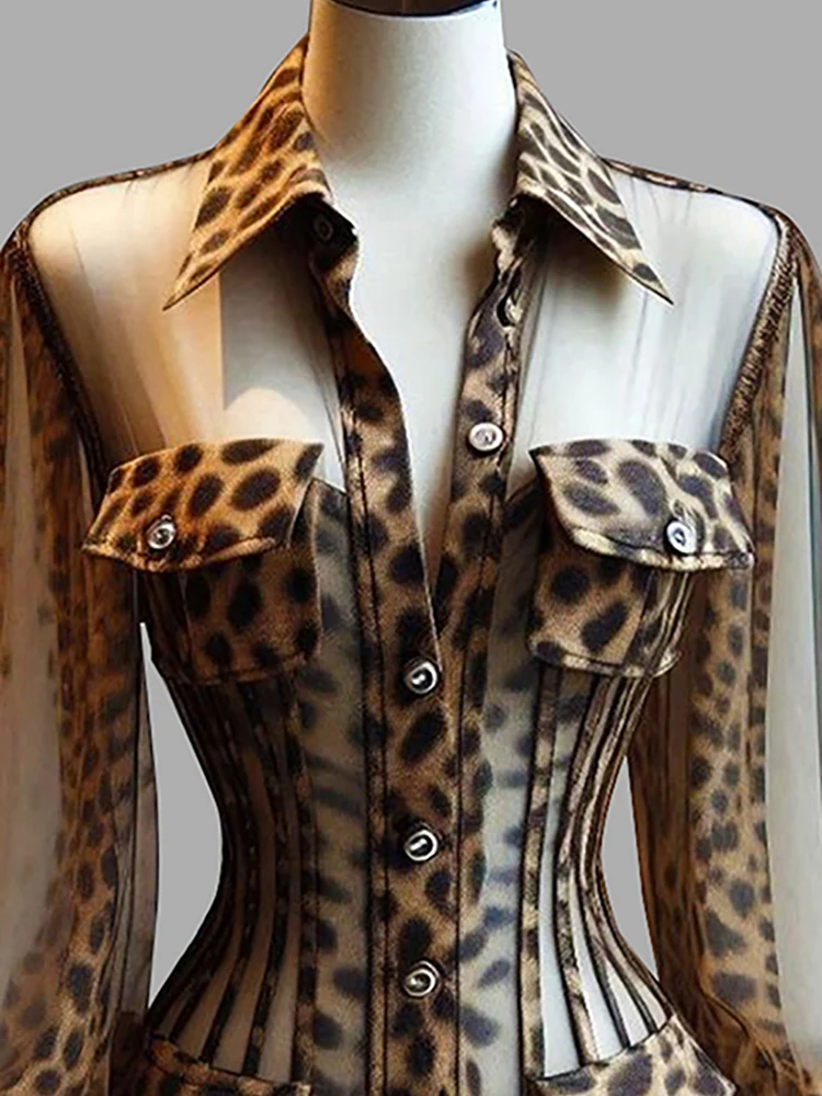 Women's Leopard Print Sheer Corset Blouse Sexy Mesh Long Bell Sleeves Button Up Slim Fit Summer Elegant Office Ladies Chic Shirt view 3