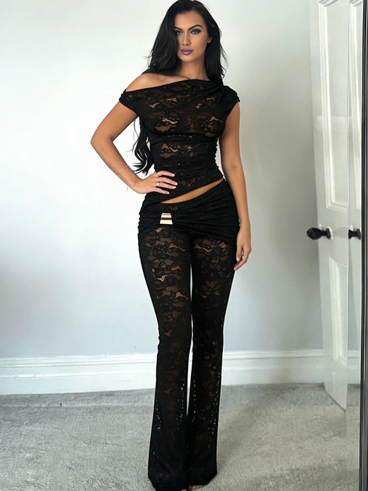 

Nibber Sexy 2 Piece Set Woman Fashion Lace Patchwork Skew Collar Crop Tops+Metal Decoration Elastic Waist Flared Pants Clubwear