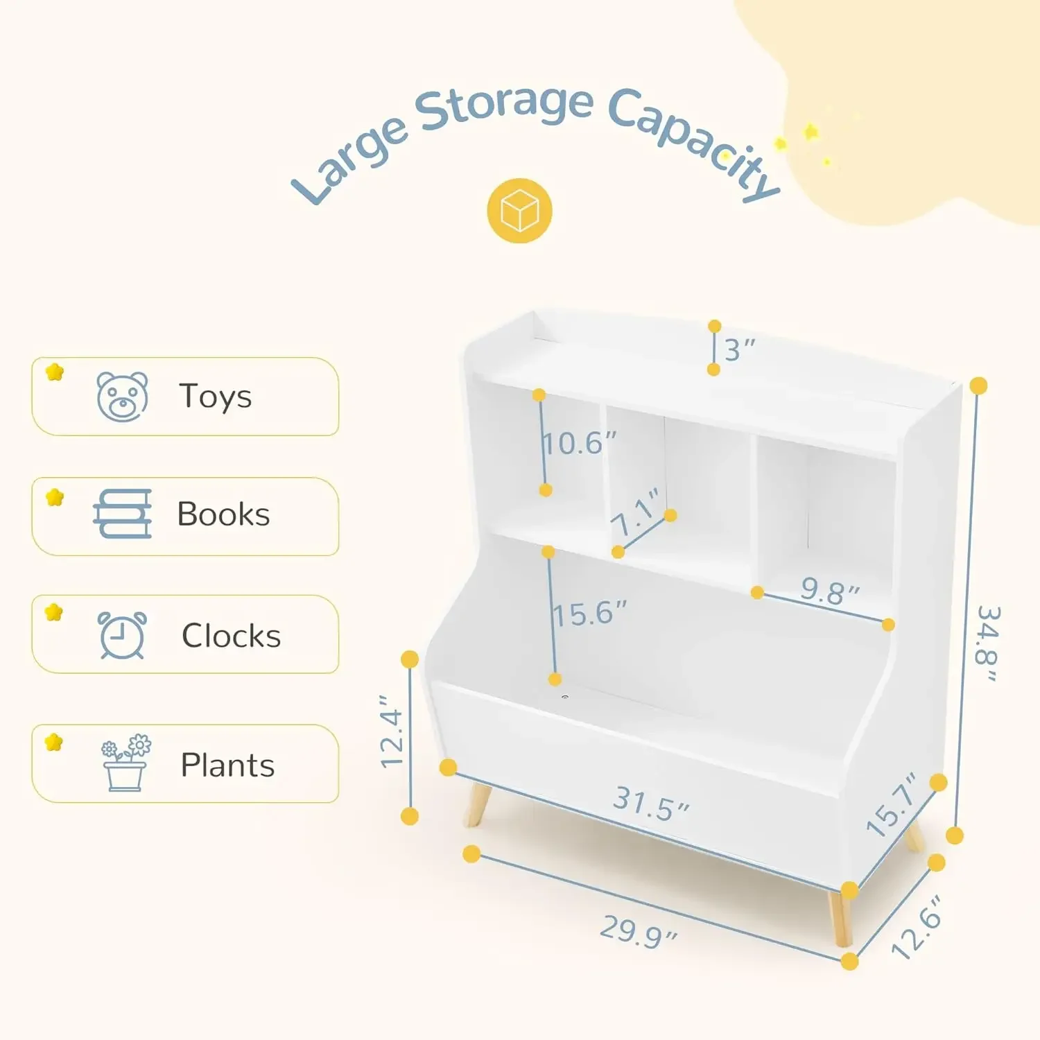 Bookshelf and Toy Storage, 3-Tier Wooden Open Bookcase, Baby Book and Toy Storage Display Organizer with Spacious Top Shelf for