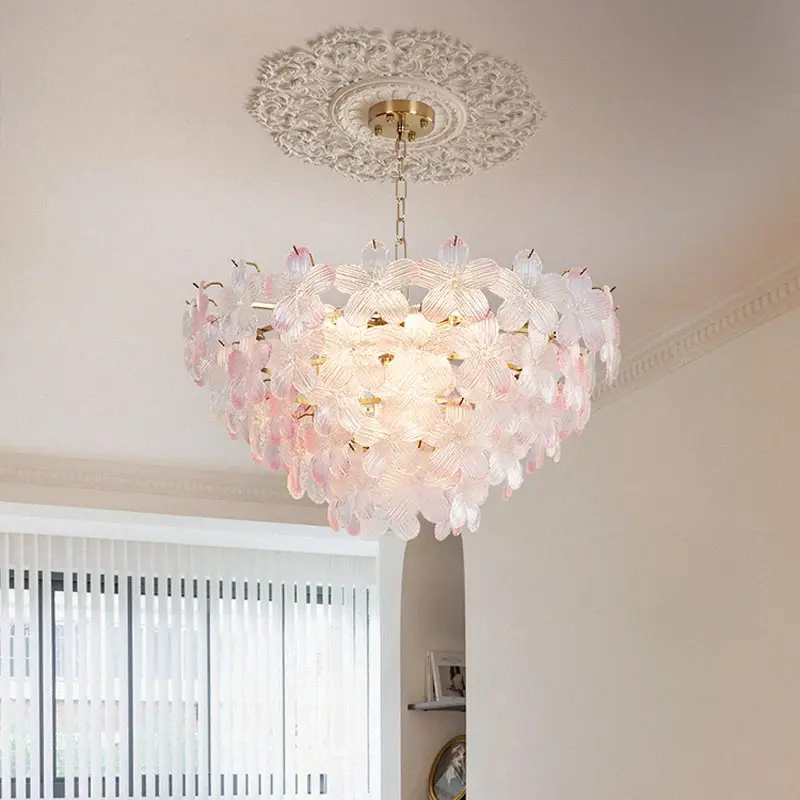 

2026 LED Glass Flower Pendant Light For Living Dining Room Bedroom Modern French Style Home Decoration Hanging Lamp E14