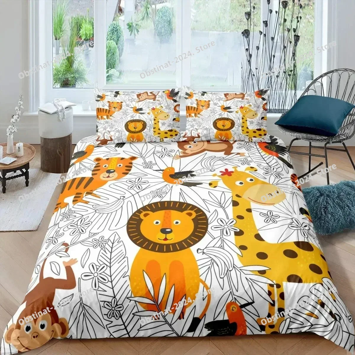 

3D Cartoon Animals Duvet Cover Set King Size Savannah Tropical Forest Jungle Wildlife Bedding Set boys Zoo Polyester Quilt Cover