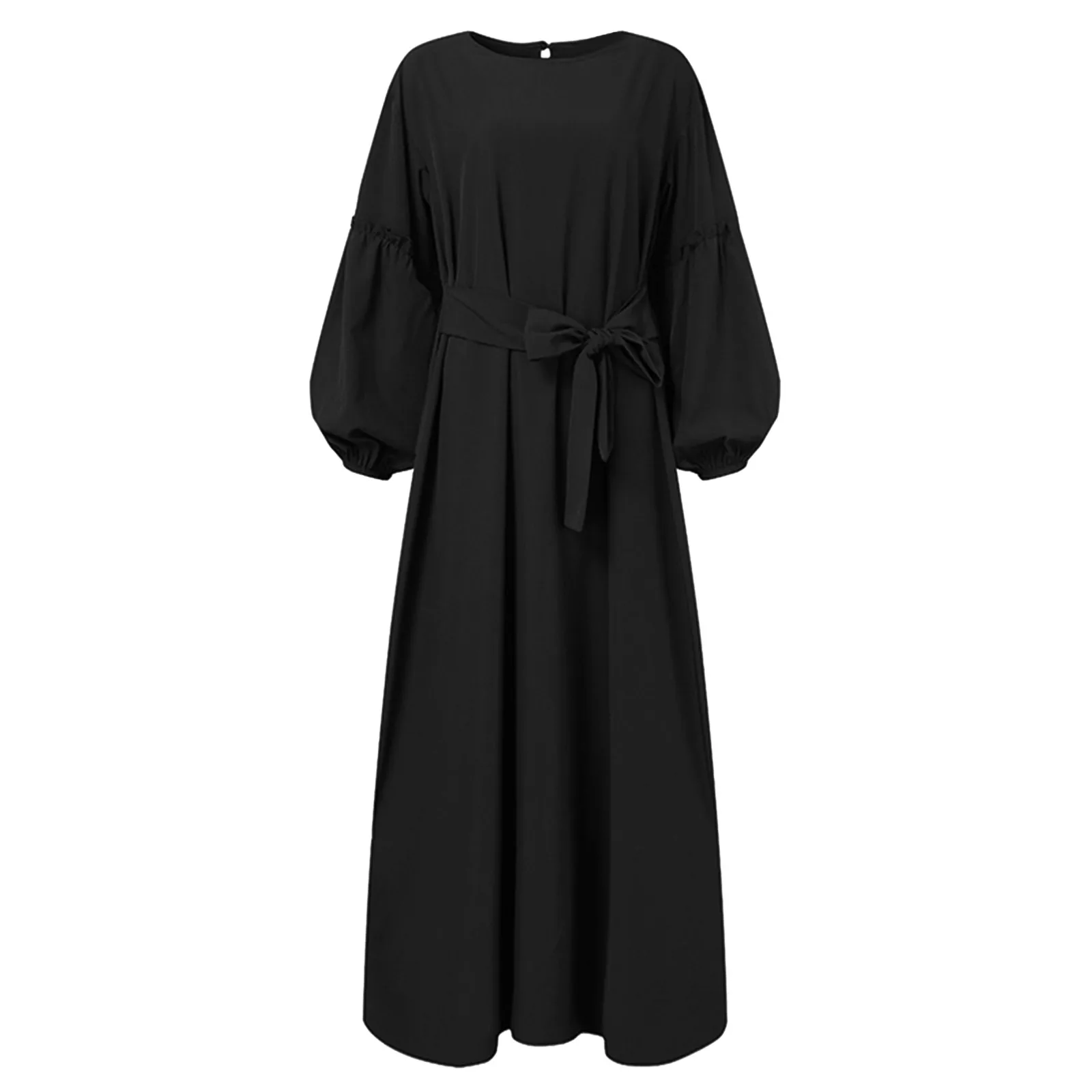 Prayer Clothes Women\'s Muslim Solid Color Long Sleeved Round Neck Ruffle Dresses Ramadan Abayas For Women Dubai Modest Robe