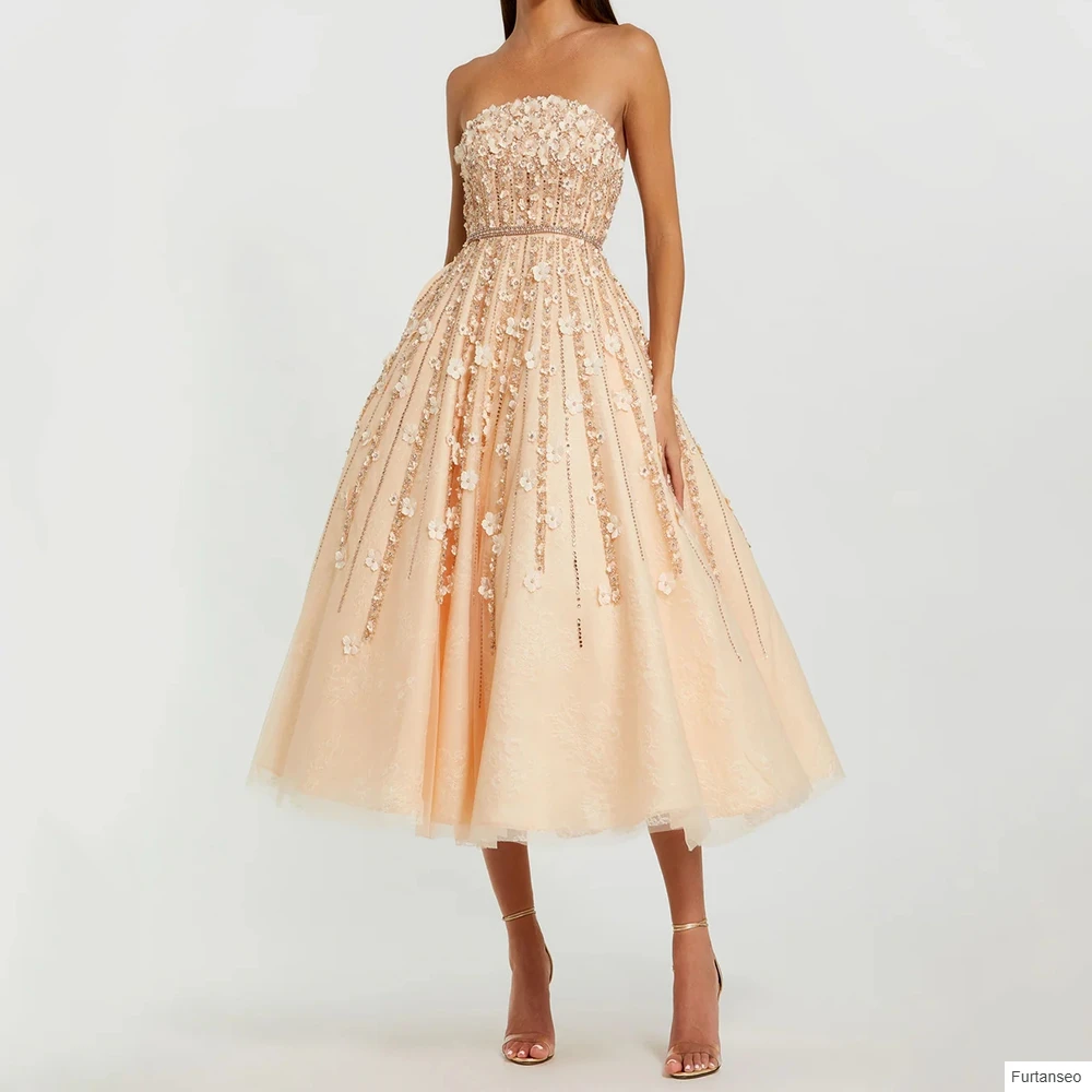 

A-line Women's Evening Dresses Tea-length Strapless Sleeveless Prom Gown Fashion Flowers Crystal Simple Draped Customized Gowns