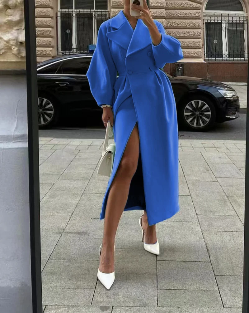 Herbst Laterne Ärmel Frauen Woll mantel Revers Zweireiher Büro Dame lange Jacken Wind jacke dicke Streetwear weibliche Mäntel