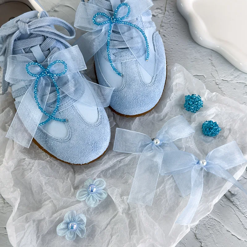 1 Pairs Elegant Blue Crystal Chain Shoes Accessories Summer 2026 Mesh Bowknot Shoes Decorations Luxury DIY Shoelace for Women