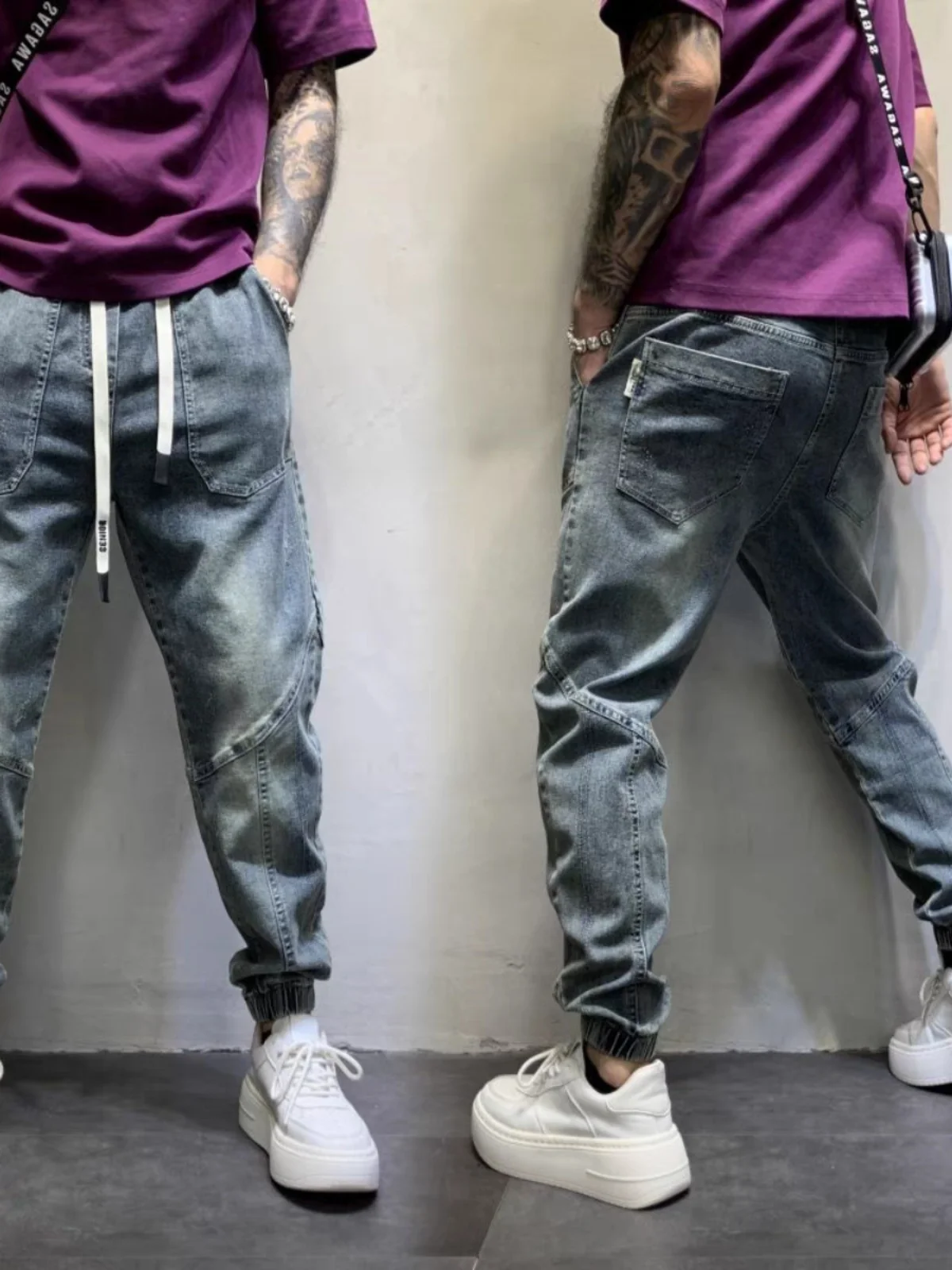 

New Men's Denim Jeans American Sle Worn Loose Waist Trousers Trendy Casual Wide Leg Pants Haome Youth Faion