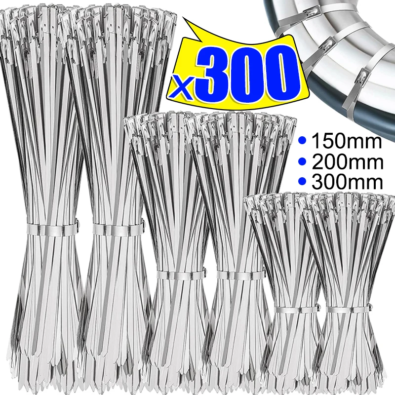 300/20Pcs Stainless Steel Cable Ties Metal Zip Ties Strap for Exhaust Wrap Multi-Purpose Heavy Duty Self-locking Fastening Ring