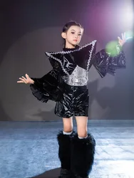 Stage Runway Outfit,Motorcycle-style Black Leather Costume For Girls,Metaverse Future Theme Clothes