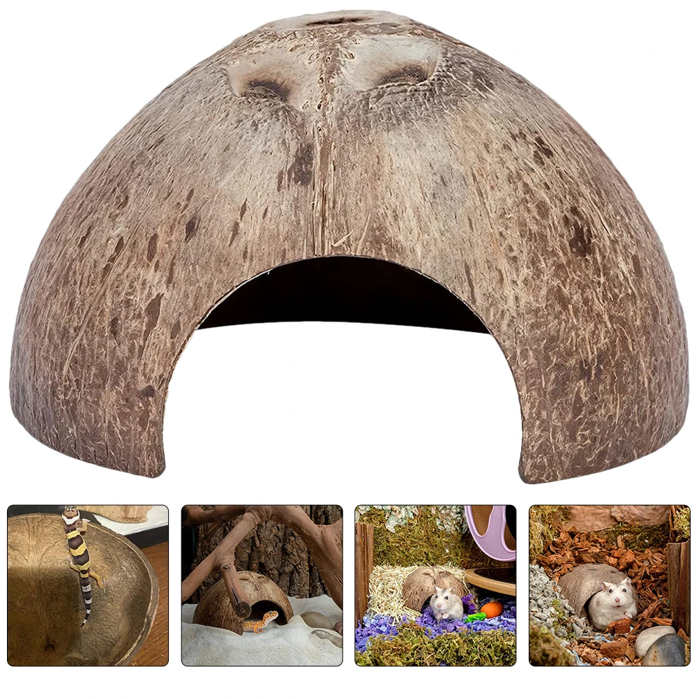 

2pcs Hide Resin Terrarium Cave Natural Coir Huts Durable Wear-Resistant Shelters For Crab Gecko Lizard Coconut Shell