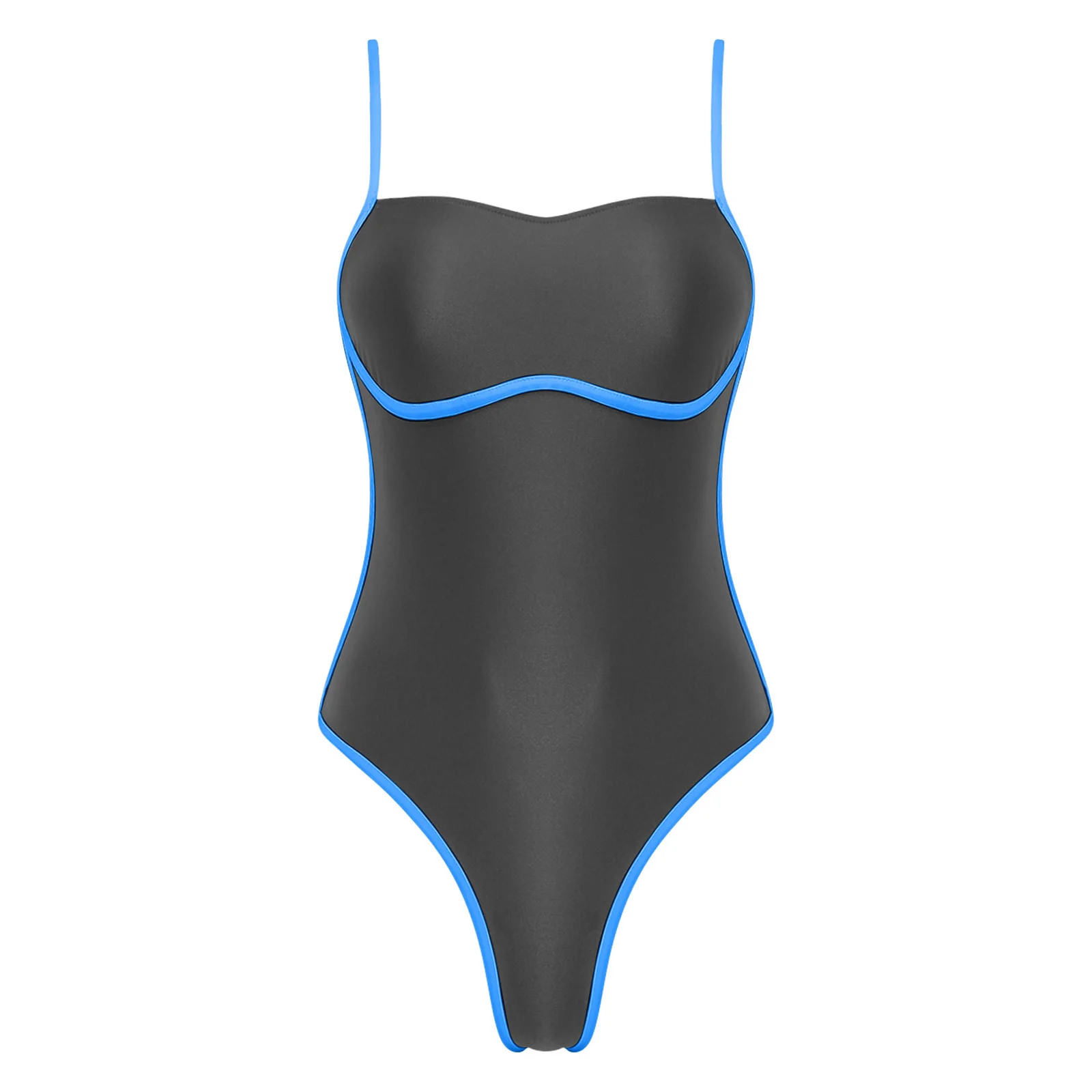 Damen Satin-Bodysuit Monokini Bademode mit Bügel, hoch geschnittener Badeanzug mit eckigem Ausschnitt, verstellbare Träger, einteiliger Badeanzug – Detail 7