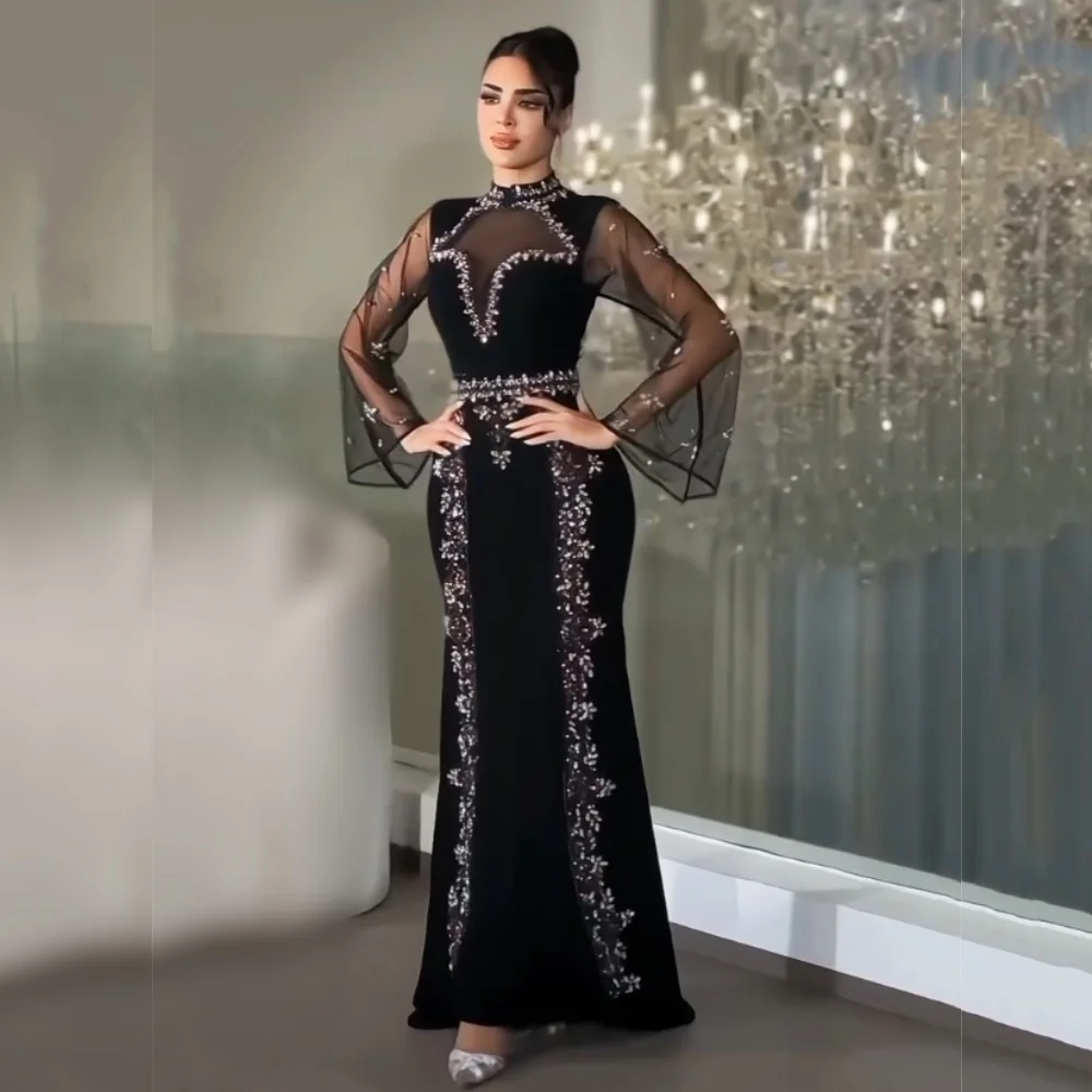 

Классические черные длинные платья со стразами и высоким воротником по индивидуальному заказу, блестящее роскошное вечернее платье, вечернее платье на заказ