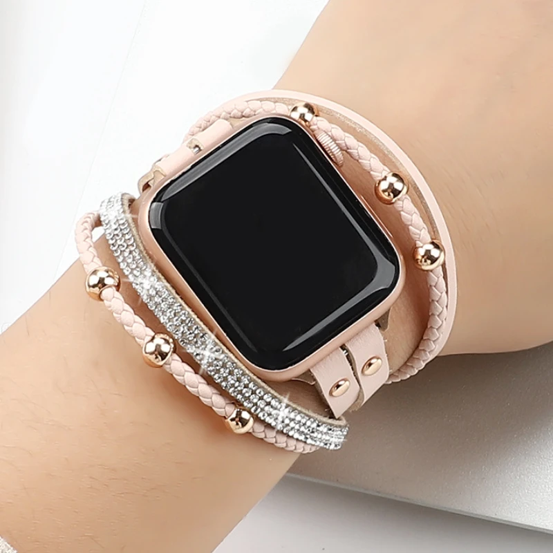 Diamond Ring-shaped Metal Strap For Apple Watch 49mm 45mm 41mm Smart Ladies Leather Bracelet For Iwatch Series 9 8 7 6 SE 5 4 3