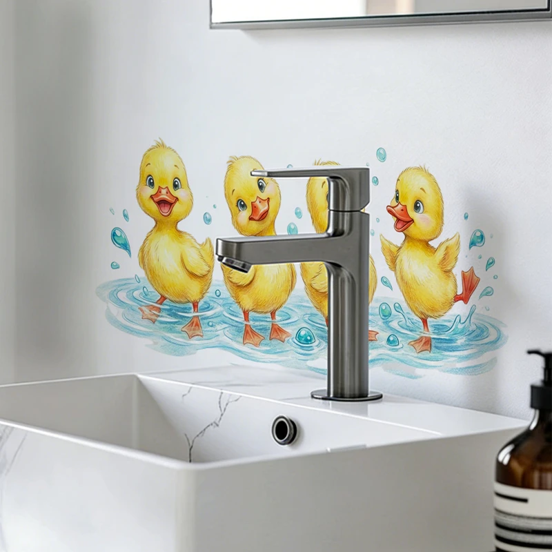 Cute Cartoon Yellow Duck Playing with Water Vinyl Wall Art Toilet Stickers for Home Decoration Aesthetic Rooms Kitchen Bathroom