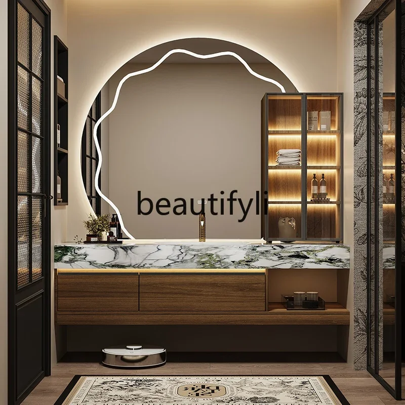 

D06 Комбинация шкафа для ванной комнаты, роскошный каменный бесшовный керамический встроенный умывальник, каменная плита, туалет, шкаф для умывальника для рук