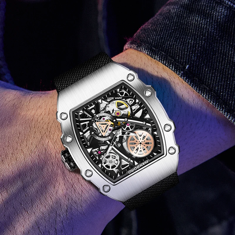 HANBORO Men Automatic Watch 40.5mm Tonneau Mechanical Wristwatch Luminous Waterproof Skeleton Dial Miyota Mov Small Second Dia