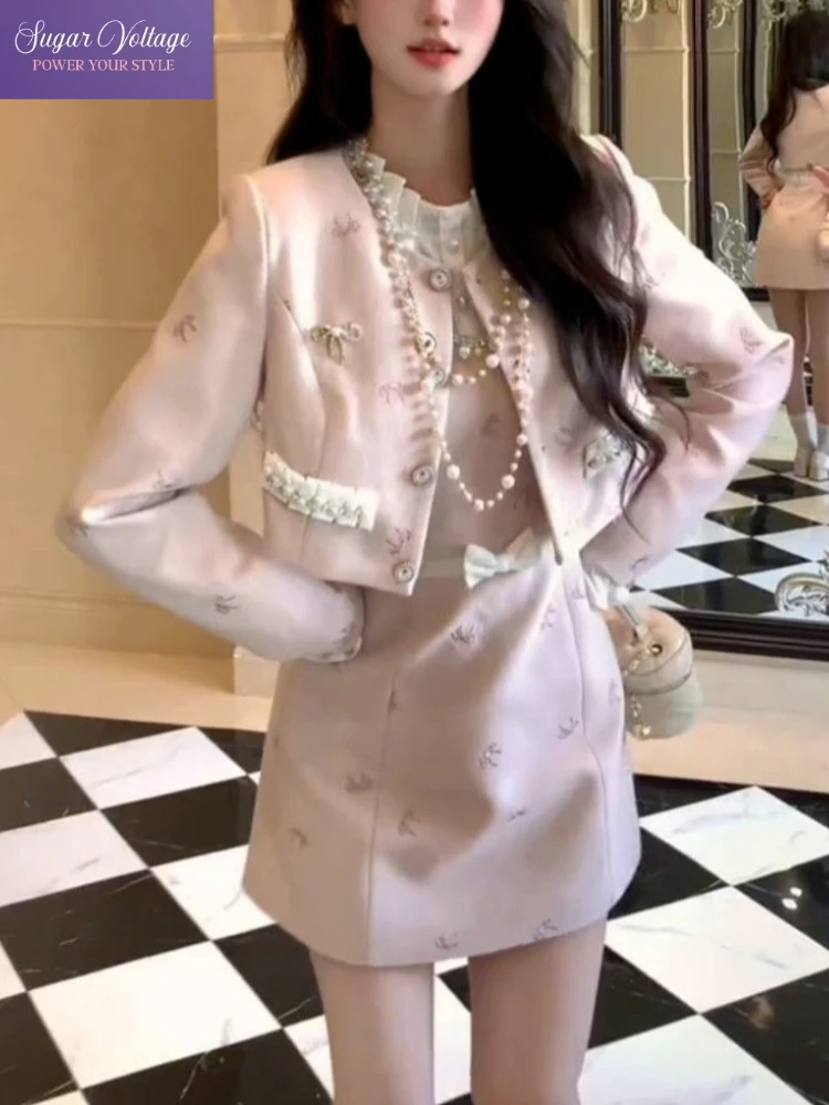 

French Luxury Elegant 2 Piece Set Women Short Tweed Jacket + Tight Waist Embroidery Pearl Mini Dress Sweet Chic Party Outfit
