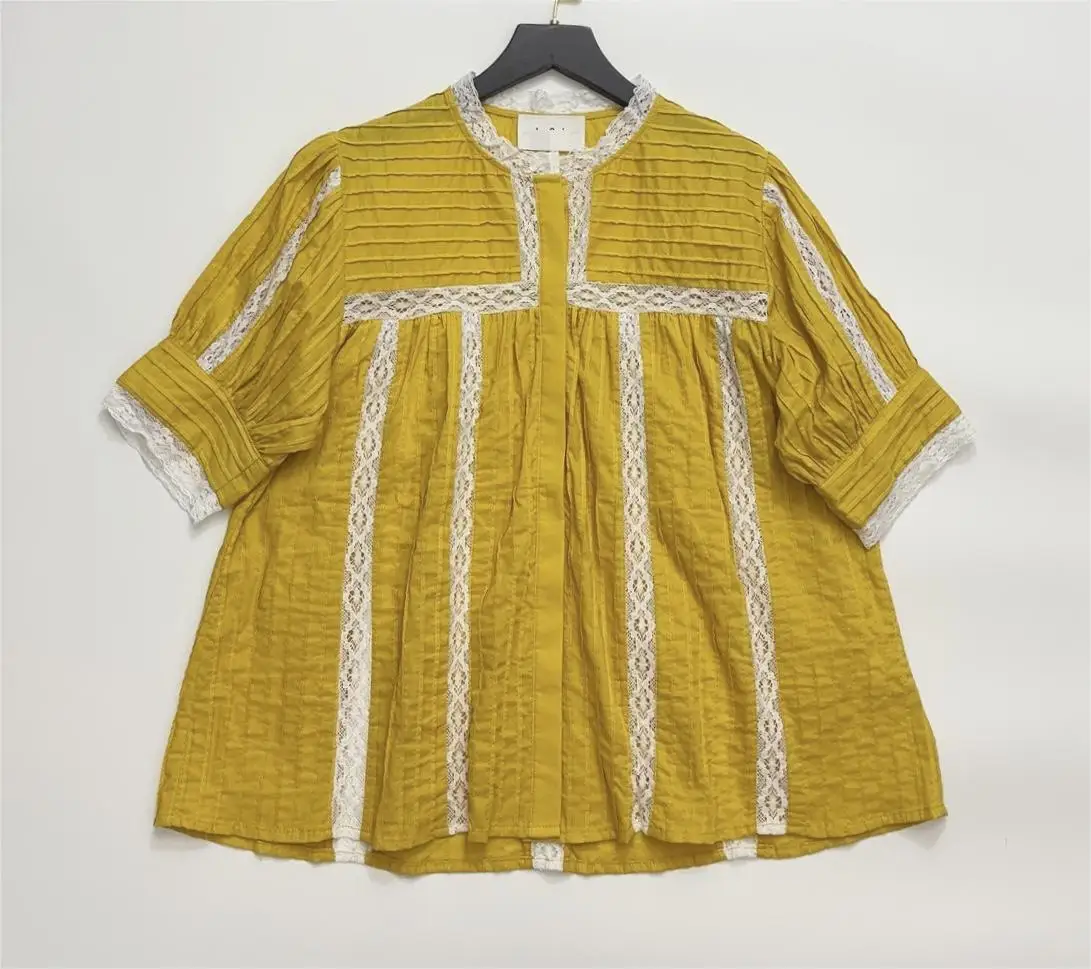 

Women's Spring/Summer French Round Neck Yellow Cotton Loose Shirt