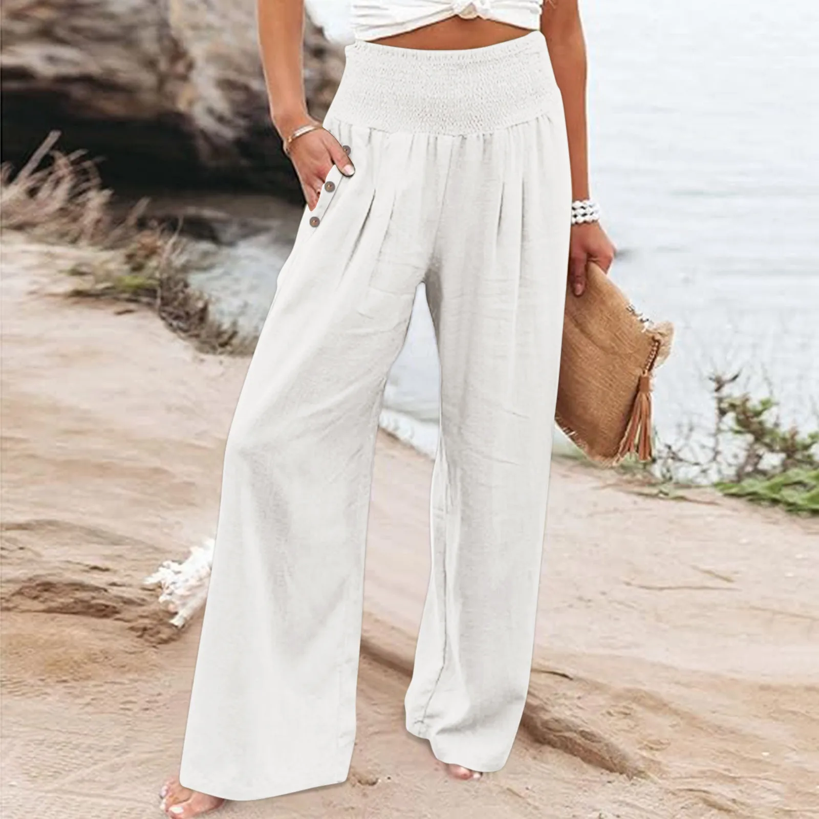 

Summer Wide Leg Trousers For Women Elegant Elastic High Waist Pant With Pocket Loose All Match Streetwear Pants Beach Clothes