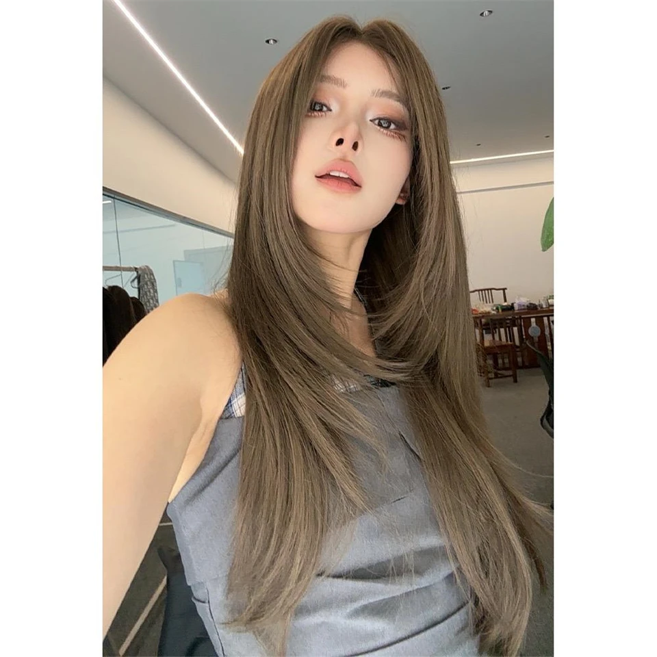 OL Ombre Grau Braun Lange Gerade Synthetische Lace Front Perücken Mittelteil Cosplay Perücke für Frauen Hochtemperatur Natürliches Kunsthaar