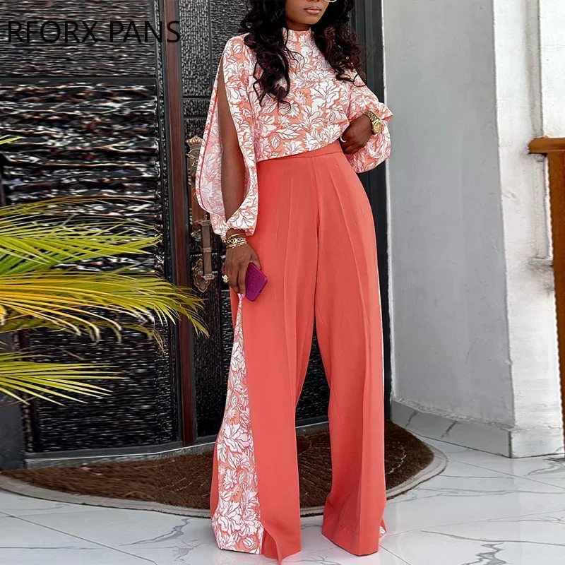 Women Elegant Patchwork Pattern Round Neck Hollow Out Long Lantern Sleeves Wide Leg Pants Sets