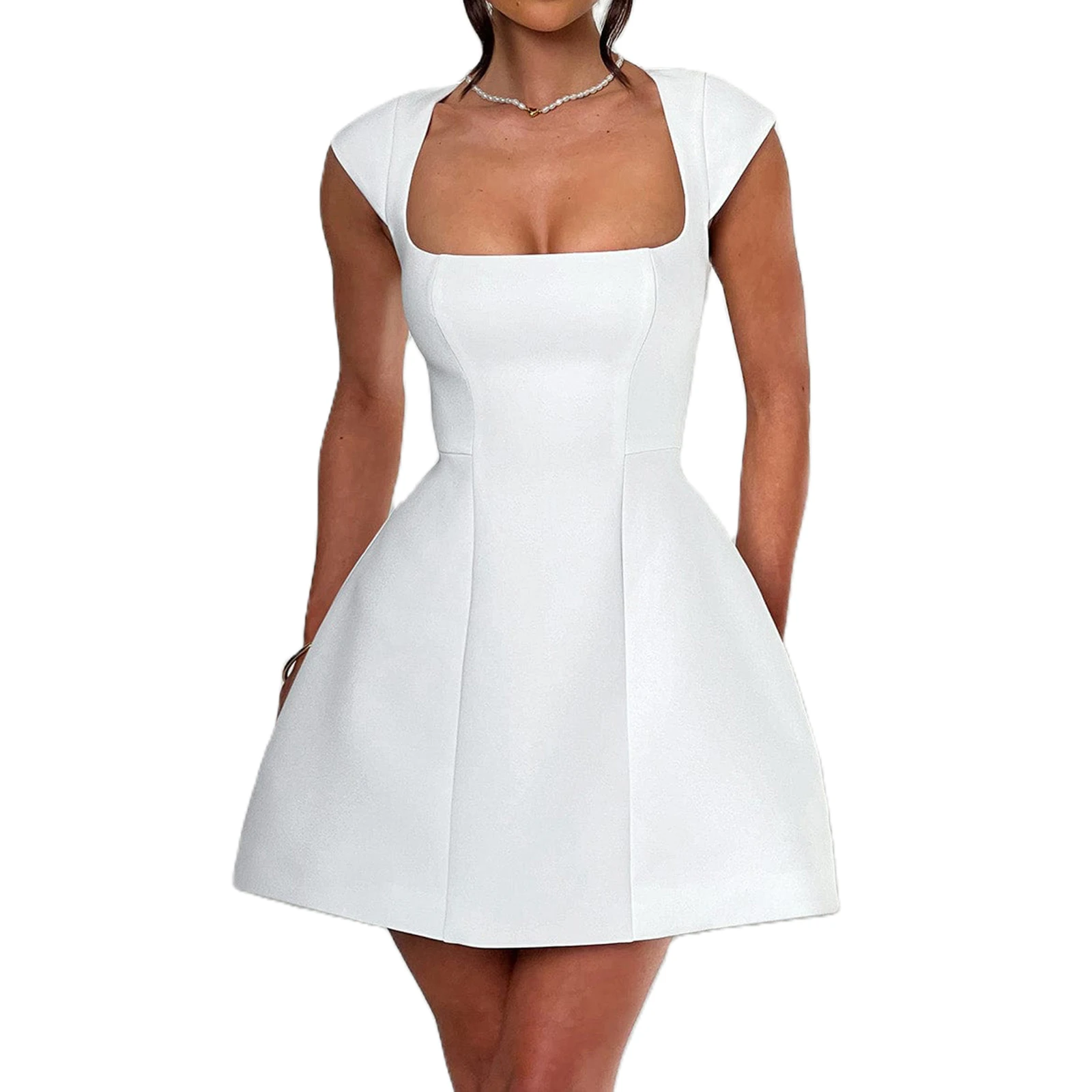 

Women's Cap Sleeves Mini Dress Solid Color Square Neck Slim A-Line Dress with Pockets