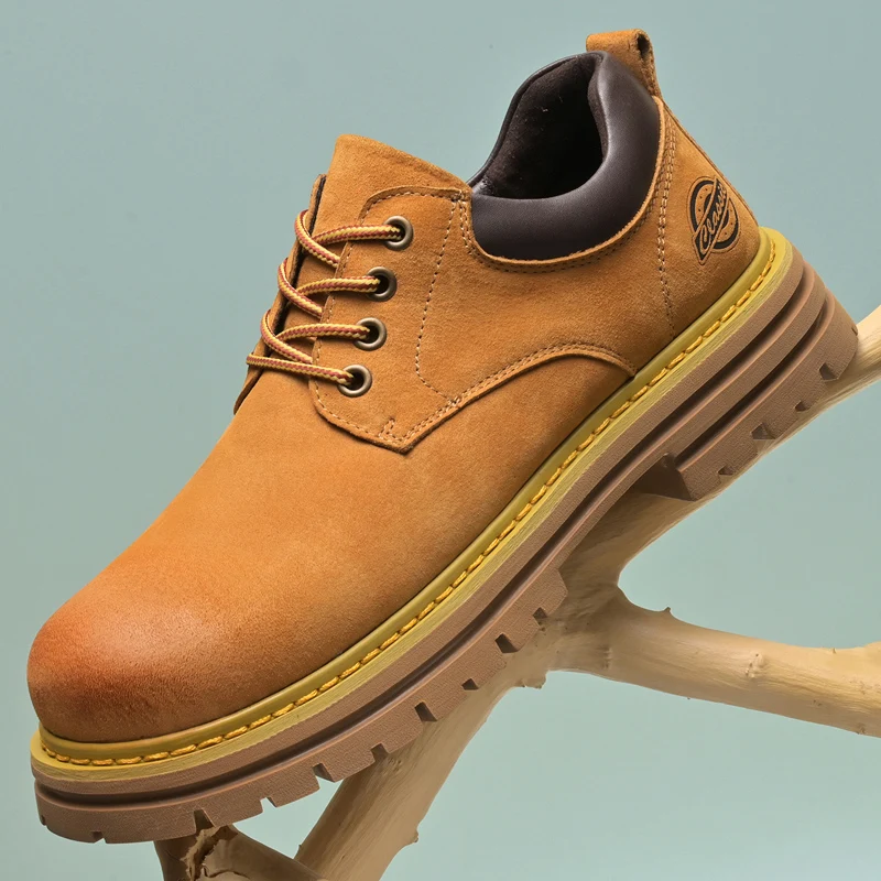 

New style genuine leather casual shoes man handsewn outdoor pig suede Hard-Wearing men's work shoes yellowish brown size 48 47