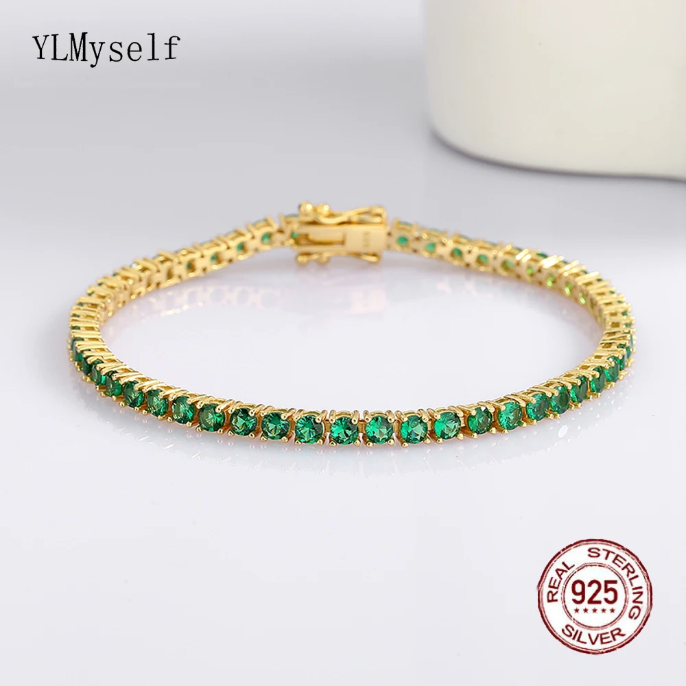 

Real 925 Silver Tennis Bracelet Rhodium/Gold Plated Pave 3MM Green Zircon 15-21 CM Hip Hop Rock Chain Fine Jewelry For Women/Men