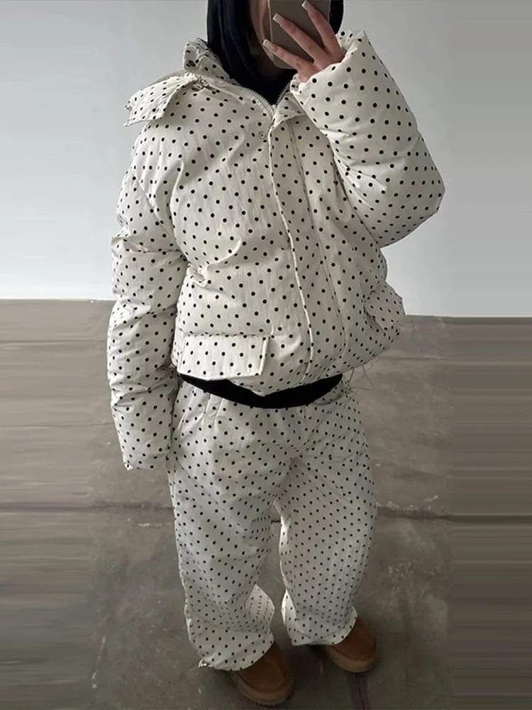 Polka Dot Women's Cotton Coat Trousers Suit Chic Hooded Zipper Long Sleeve Drawstring Coats Pant Lady 2026 Winter Female Outfit
