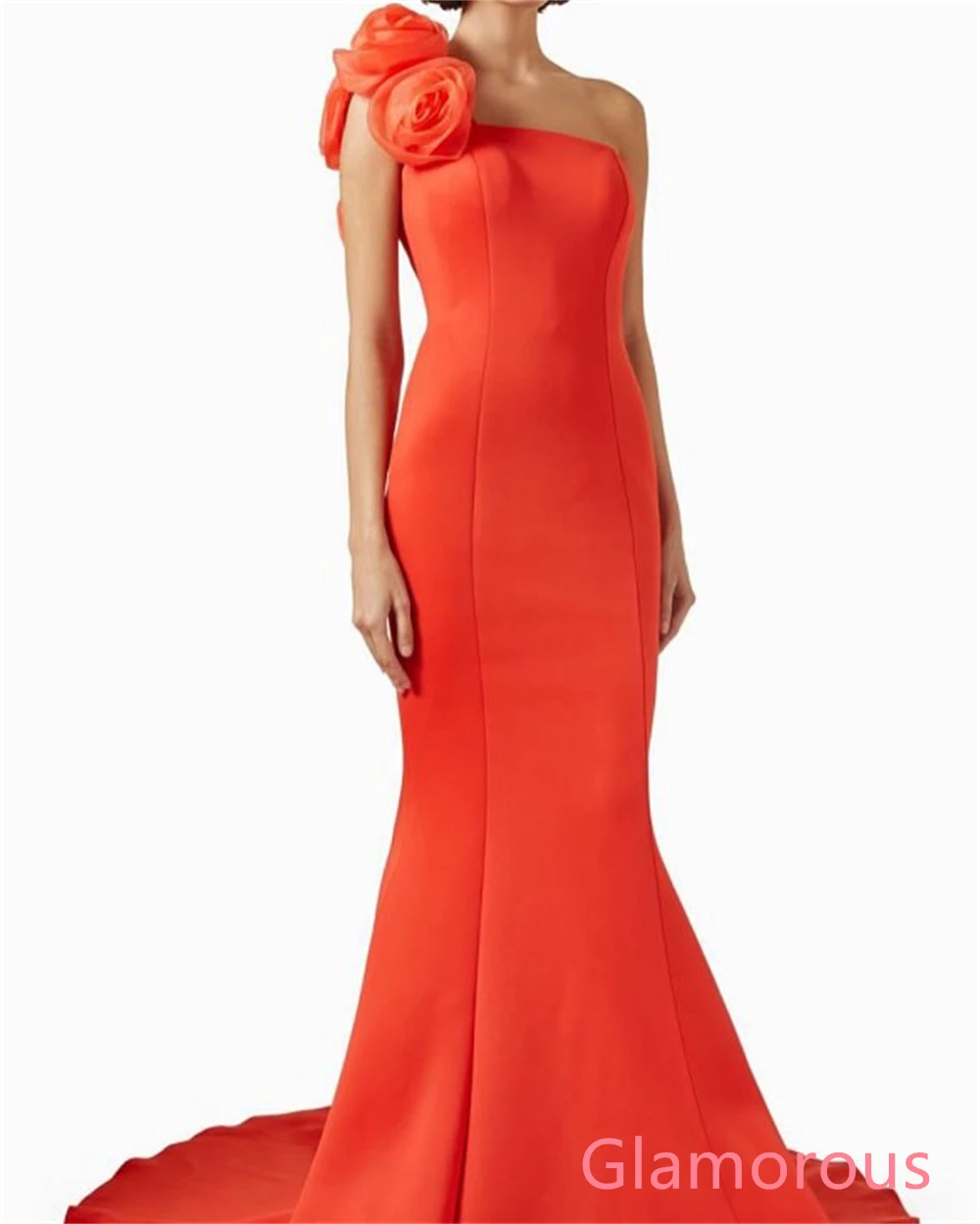 Aangepaste moderne oranje jersey avondjurk één schouder mouwloos op maat gemaakte gelegenheidsjurken bloemen hoge kwaliteit rits terug