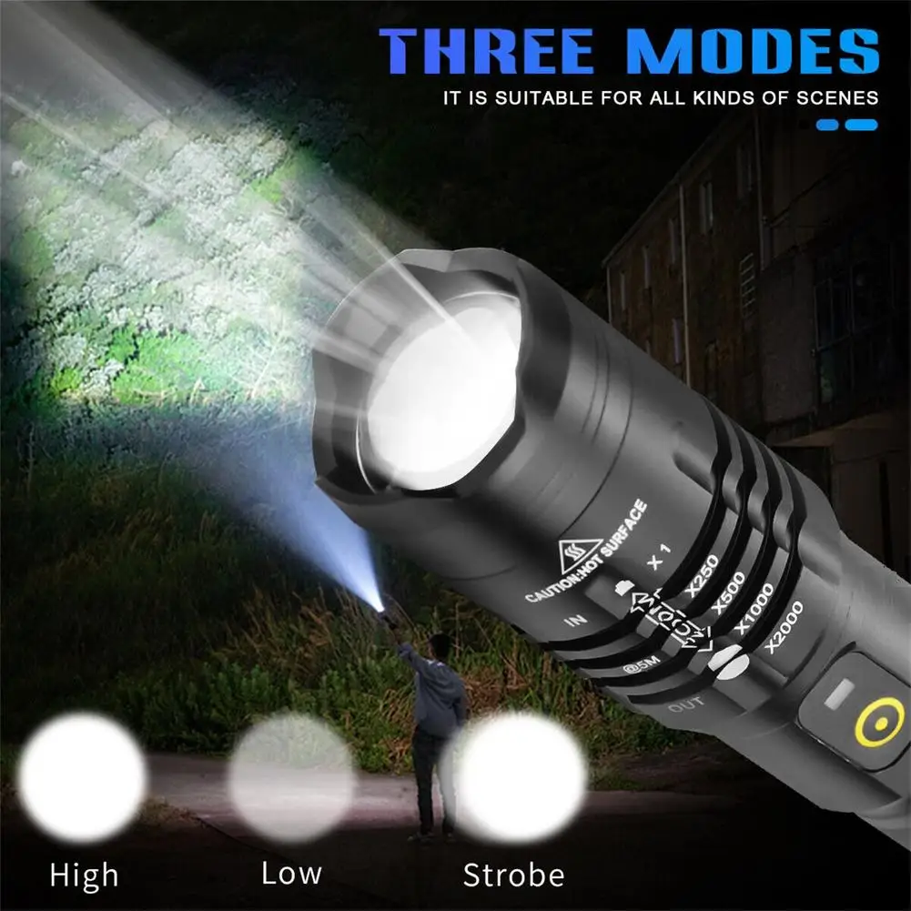 99000lm Led Tactical Flashlight Portable Lighting Super Bright Zoomable Work Light Hand Lantern for Adventure Caving Camping