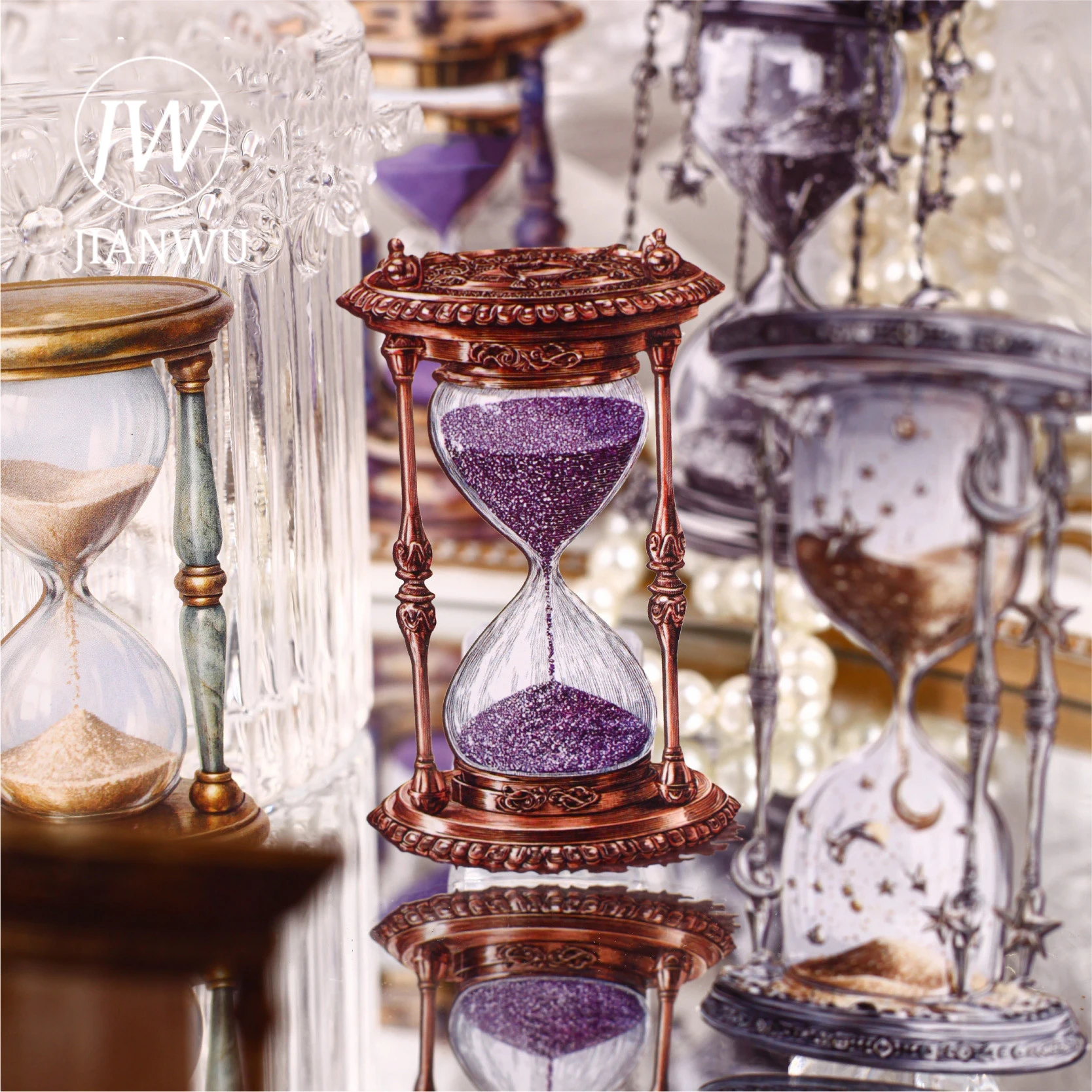 JIANWU Passing Time Series Vintage Baroque Relief Hourglass Landscape Material Collage Sticker Creative DIY Journal Stationery