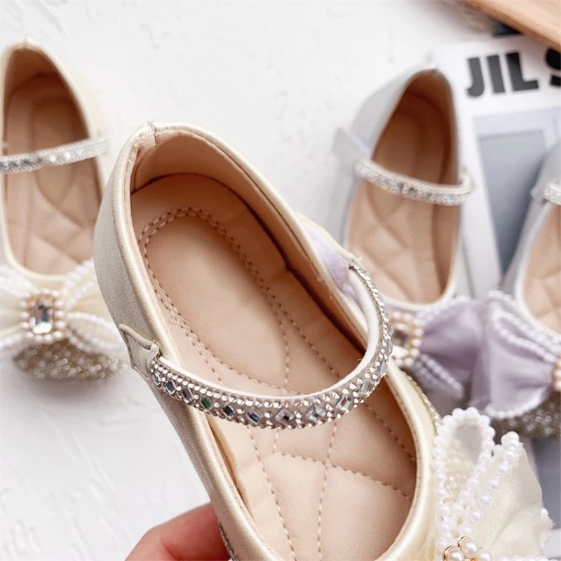 Children Girls\' Leather Shoes Rhinestone Bow Pearl Princess Girls Party Dance Shoes Single Flats Kids Performance Shoe