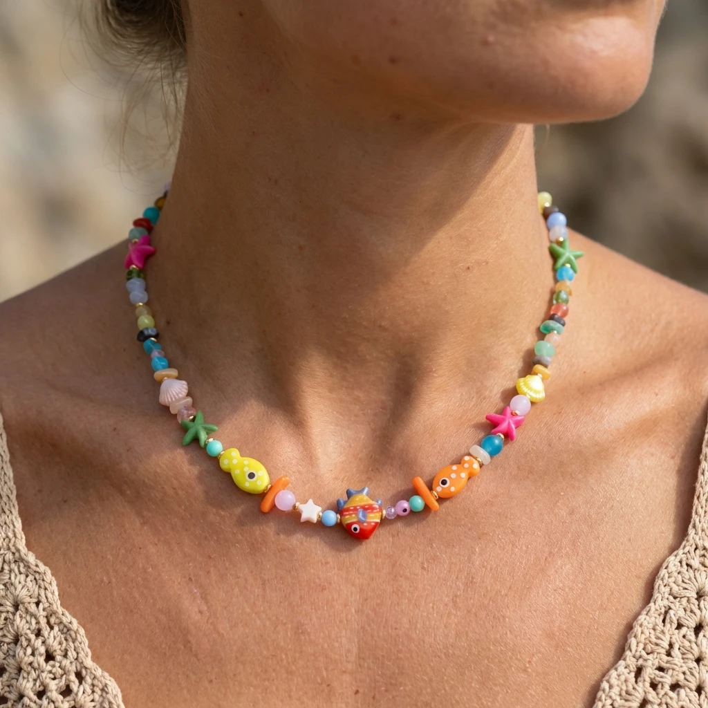 Böhmische Bunte Keramik-Clownfisch-Perlenketten für Frauen Handgefertigte Unregelmäßige Kieselstein-Kette Choker-Halskette Sommer-Schmuck – Detail 2