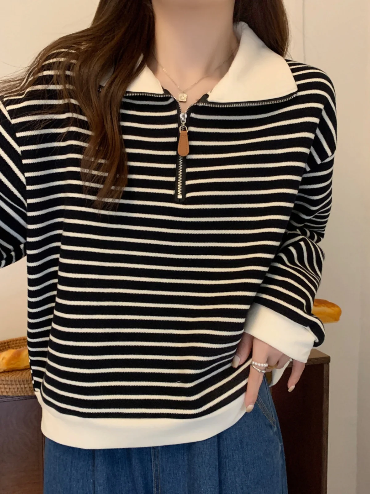 Retro Striped Sweatshirt Women Spring Autumn New Loose Turndown Collar Half Zipper Pullover Korean Style Long Sleeved Top